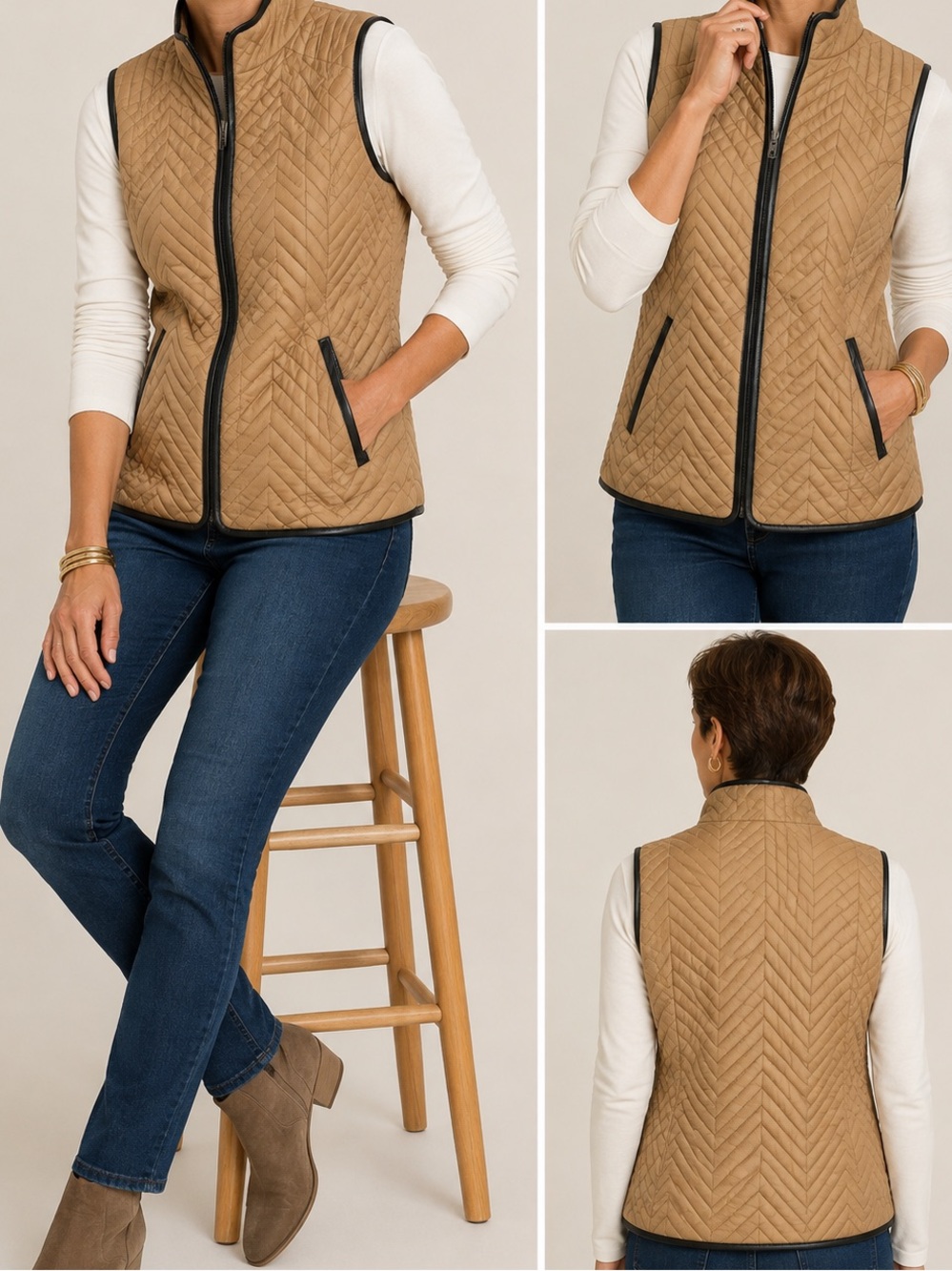 Chico’s Tan Quilted Chevron Vest Black Faux Leather Trim Size 2